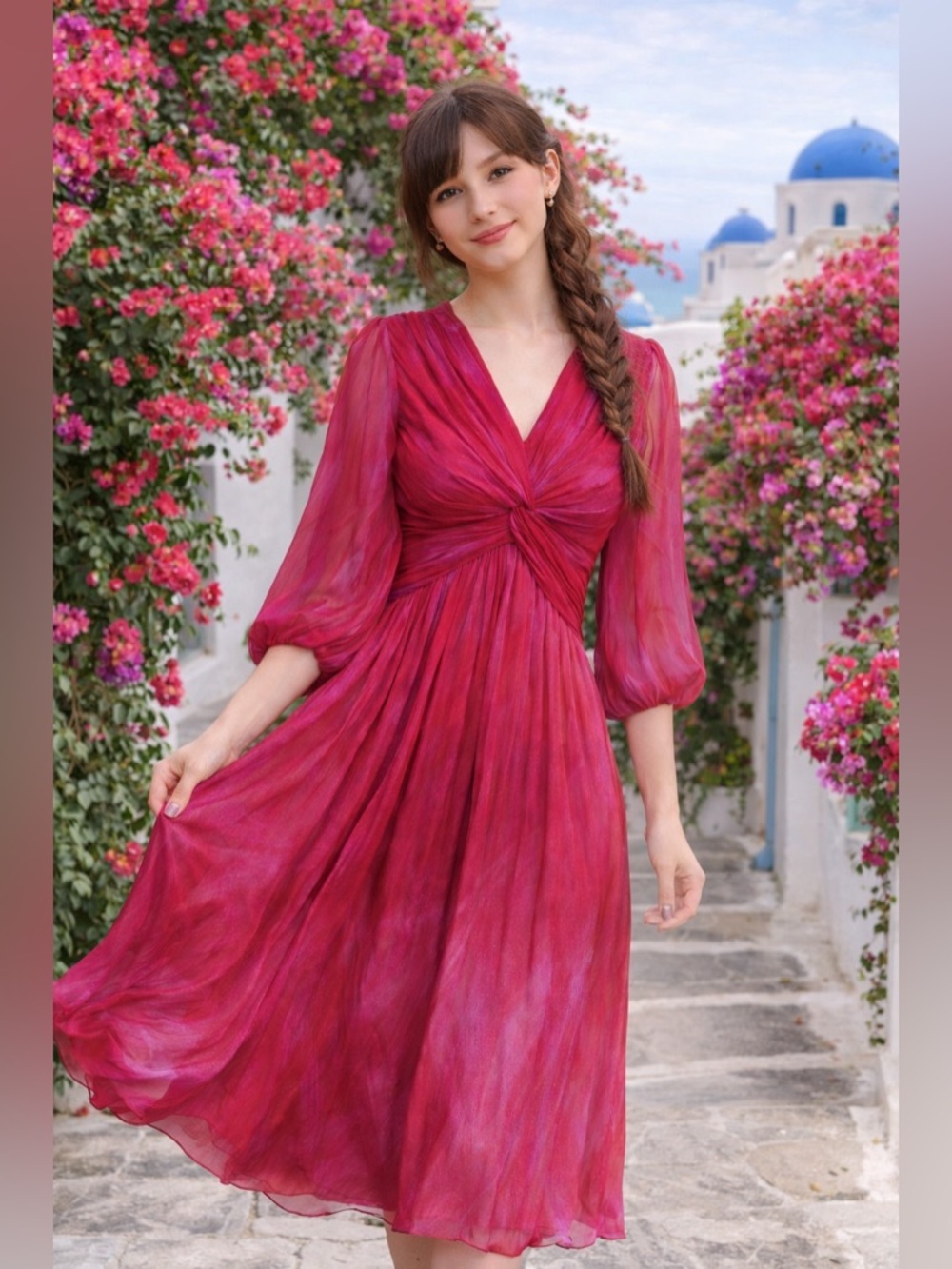 Silk V-Neck Dress Luxurious For Wedding Guest Chest 42 L-XL
